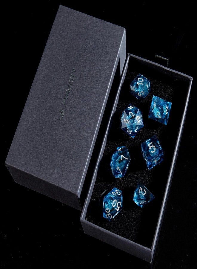 Fugacity DND Dice Set, Liquid Core Handmade Sharp Edge 7 Piece Resin Dice-Dungeons and Dragons Polyhedral Dice Set, D&D Dice Set with Gift Dice Case for RPG MTG Table Games(Blue Sand & Silver) - Image 4